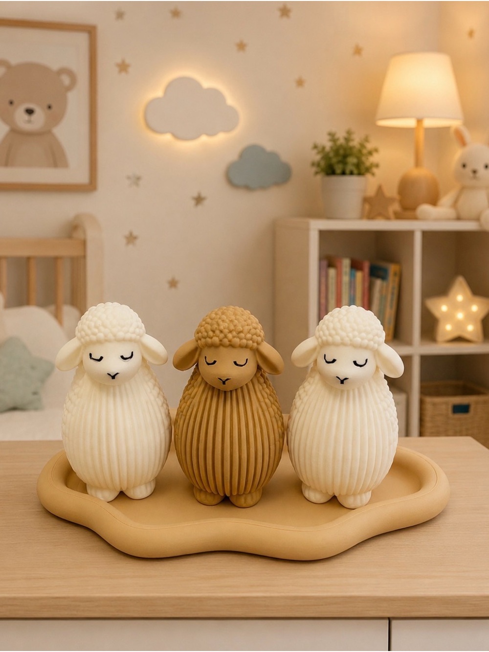 Cute  Sheep Trio Figurines - White & Tan